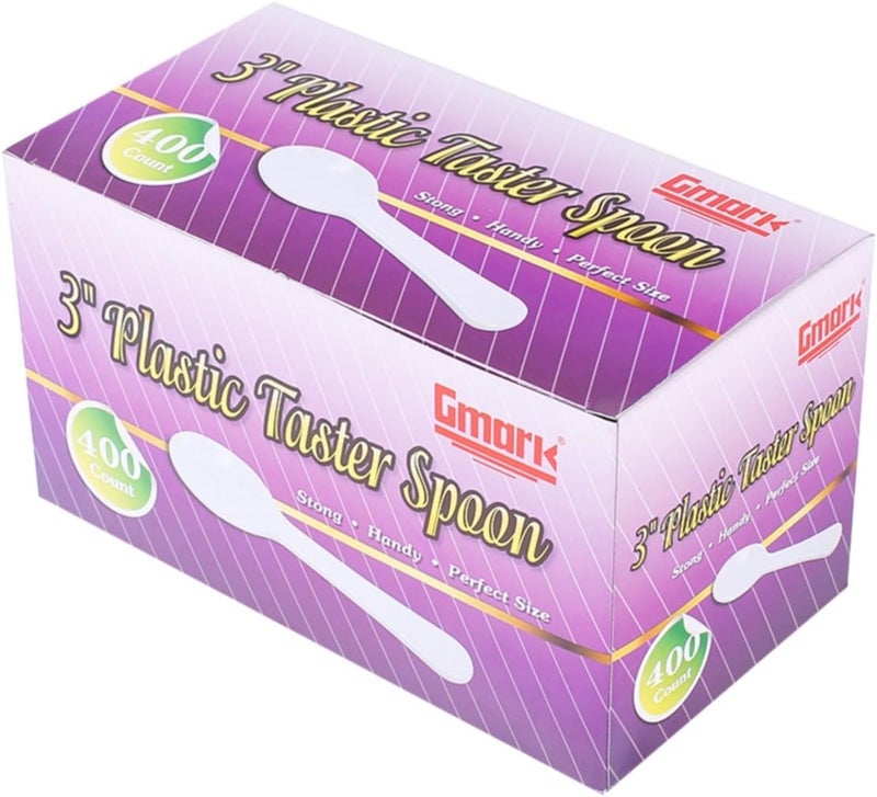Gmark Extra Sturdy, 400pc 3" Taster Plastic Mini Ice Cream Dessert Spoons BPA FREE White 1 Box Set GM1002A - Image 1