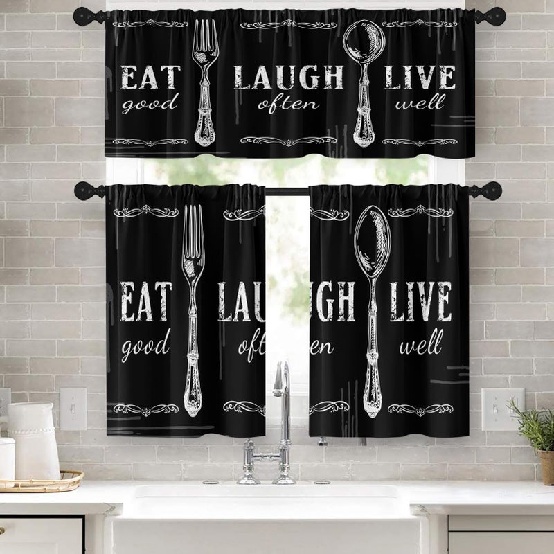 Tayney Black White Kitchen Window Curtains Valance and Tier Set 36 Inch Farmhouse Eat Good Laugh Often Live Well Rod Pocket Short Tier Curtain, Abstract Small Drapes for Kitchen Decor - Image 1