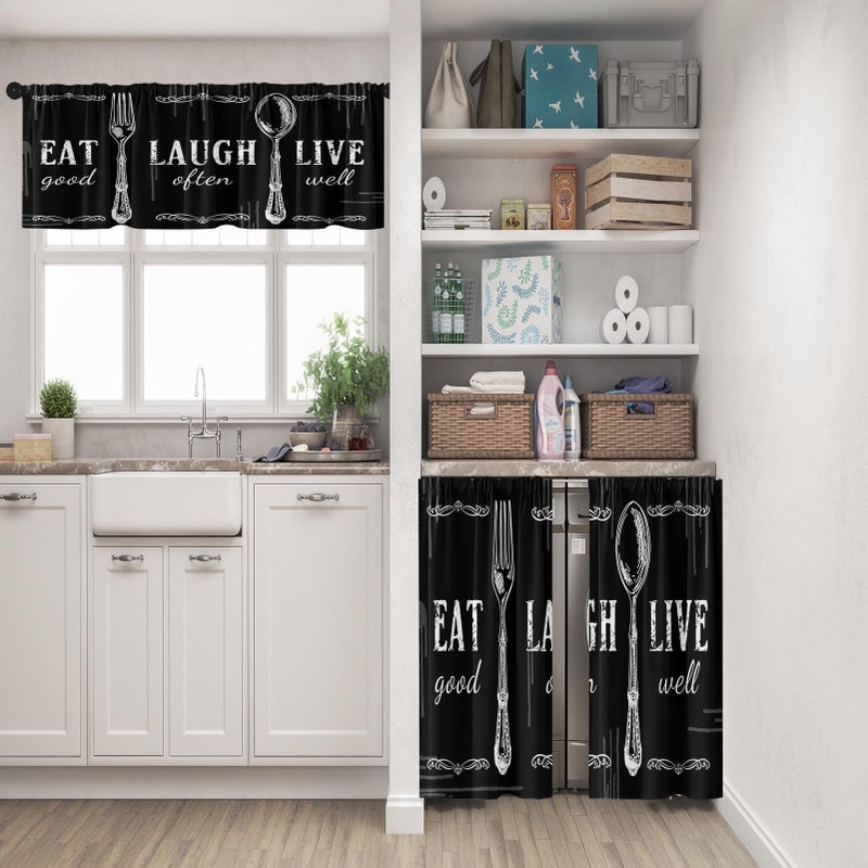Tayney Black White Kitchen Window Curtains Valance and Tier Set 36 Inch Farmhouse Eat Good Laugh Often Live Well Rod Pocket Short Tier Curtain, Abstract Small Drapes for Kitchen Decor - Image 2