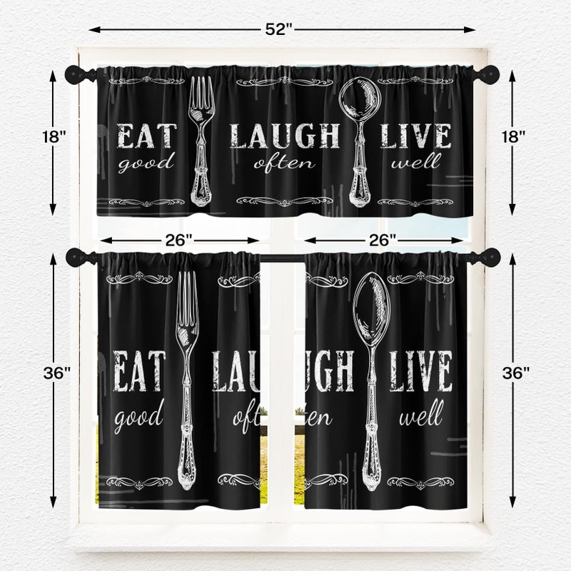 Tayney Black White Kitchen Window Curtains Valance and Tier Set 36 Inch Farmhouse Eat Good Laugh Often Live Well Rod Pocket Short Tier Curtain, Abstract Small Drapes for Kitchen Decor - Image 4