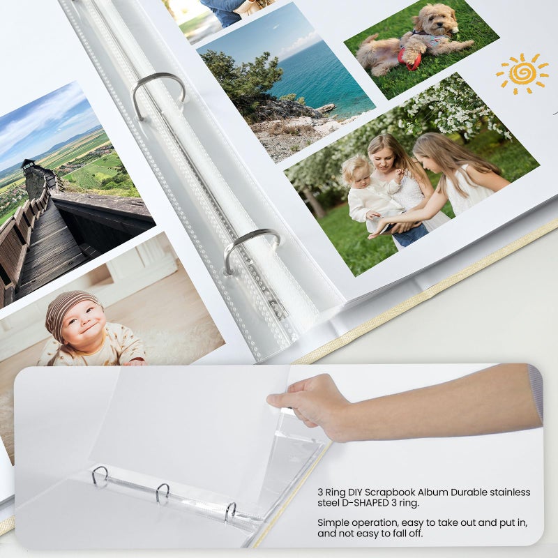 LUOCCHI 3 Ring Binder 12x12 Inch Large Scrapbook Photo Album, Linen Cover Scrap Book with 30 Plastic Sleeves 60 Pages 12 x 12 Scrapbooks White Pages for Wedding Couples Baby Travel Mothers Day Gifts(Beige) - Image 3