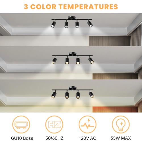 Lavendex LED 4 Light Track Lighting Kit, Black Ceiling Spotlights, Modern Track Light Fixture with Flexibly Rotatable Light Heads for Kitchen, Living Room, Bedroom, Includes 4 x GU10 Bulb - Image 2