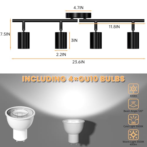 Lavendex LED 4 Light Track Lighting Kit, Black Ceiling Spotlights, Modern Track Light Fixture with Flexibly Rotatable Light Heads for Kitchen, Living Room, Bedroom, Includes 4 x GU10 Bulb - Image 3