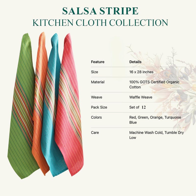 DG Collections Salsa Stripe Kitchen Dish Towels, 100% Cotton, Highly Absorbent, Multi Purpose Waffle Tea Towels for Cooking, Drying & Cleaning, 16x28 Inches, Pack of 12 - Image 4