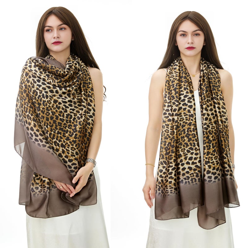 YOUR SMILE Large Mulberry Silk Feeling Long Stain Scarf Lightweight Sunscreen Shawls Wraps for Women (01 Brown/Leopard) - Image 3