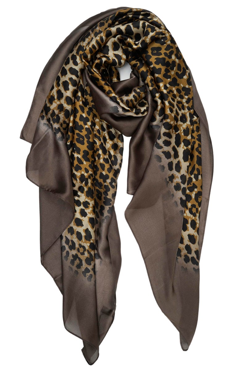 YOUR SMILE Large Mulberry Silk Feeling Long Stain Scarf Lightweight Sunscreen Shawls Wraps for Women (01 Brown/Leopard) - Image 1