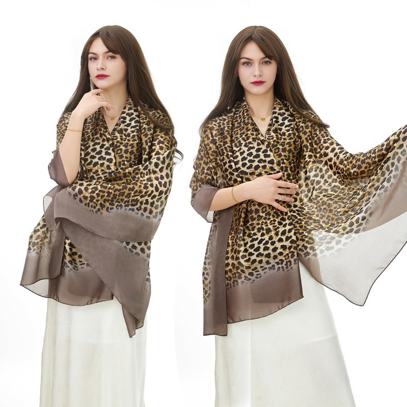YOUR SMILE Large Mulberry Silk Feeling Long Stain Scarf Lightweight Sunscreen Shawls Wraps for Women (01 Brown/Leopard) - Image 2