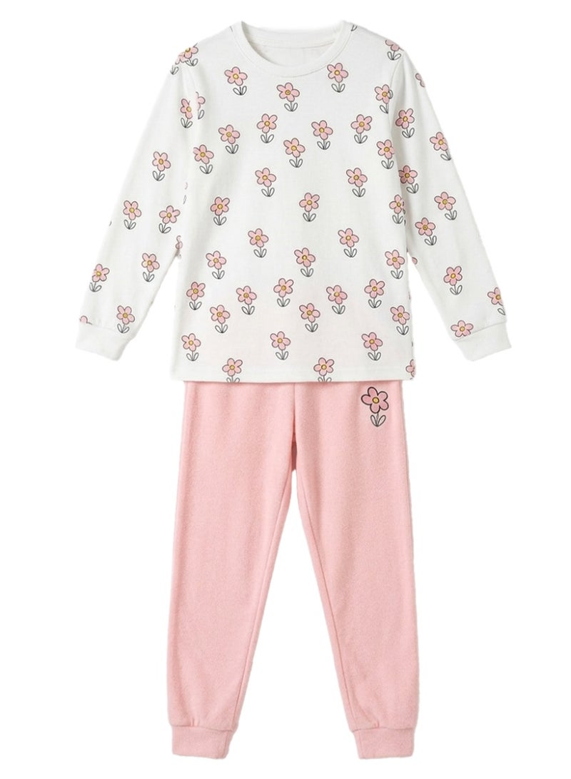 Girls Spring Pajama Set with Cute Flower Print, Soft & Breathable Nightwear Comfortable and Lightweight Sleepwear for 4-Year-Old Girls, Perfect for Cozy Bedtime - Image 1
