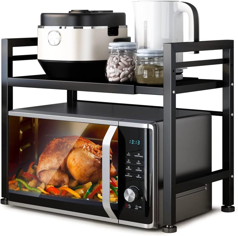 DOLALIKE Microwave Oven Rack, Expandable Microwave Stand Countertop Kitchen Utensils Tableware Storage, Carbon Steel Over Microwave Shelf Countertop with 3 Hooks - Image 1