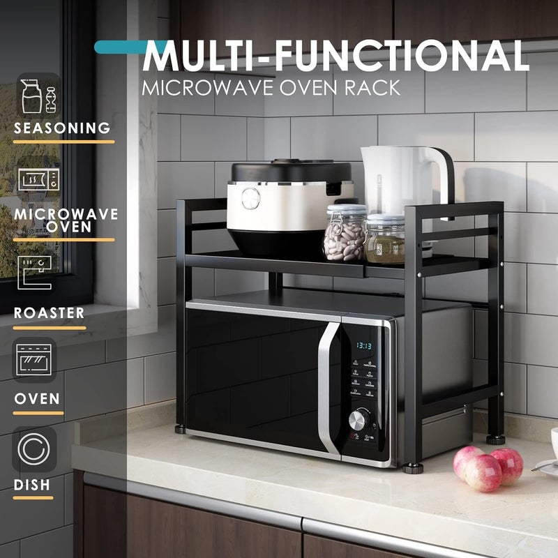 DOLALIKE Microwave Oven Rack, Expandable Microwave Stand Countertop Kitchen Utensils Tableware Storage, Carbon Steel Over Microwave Shelf Countertop with 3 Hooks - Image 3