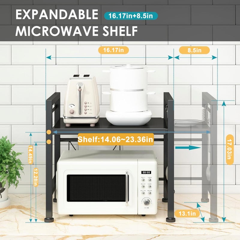 DOLALIKE Microwave Oven Rack, Expandable Microwave Stand Countertop Kitchen Utensils Tableware Storage, Carbon Steel Over Microwave Shelf Countertop with 3 Hooks - Image 2