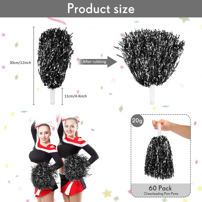 جيريفي 60 قطعة من كرات التشجيع من رقائق معدنية معدنية من كرات التشجيع مع مقبض بلاستيكي إكسسوار زي الهتاف لكرة القدم وكرة السلة وفريق التشجيع وروح الرقص والأداء الرياضي (أسود) - Image 2