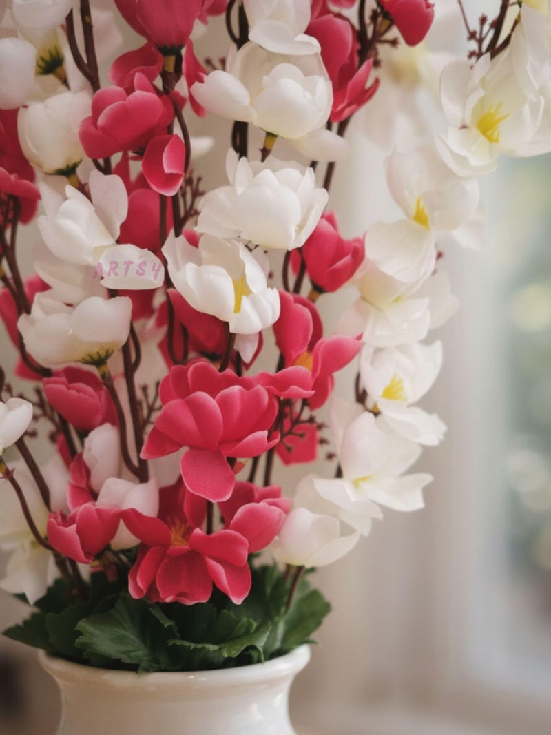 ARTSY® Artificial Flowers Bunch for Decoration Cherry Blossom, Ideal for vase, Home, Office Decor, Gifts, Craft, Artificial Plants for Decoration, Without vase, White Mix, 55 cm Height, Fabric | - Image 2