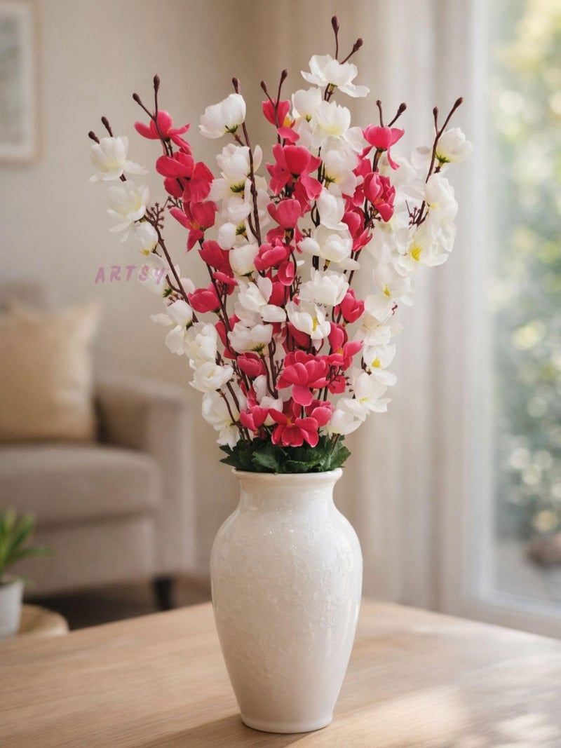 ARTSY® Artificial Flowers Bunch for Decoration Cherry Blossom, Ideal for vase, Home, Office Decor, Gifts, Craft, Artificial Plants for Decoration, Without vase, White Mix, 55 cm Height, Fabric | - Image 1