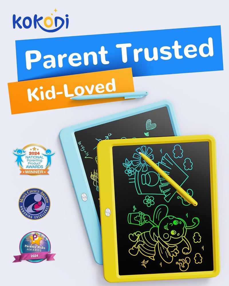 KOKODI LCD Writing Tablet, 12 Inch Colorful Toddler Doodle Board Drawing Tablet, Erasable Reusable Electronic Drawing Pads, Educational and Learning Toy for 3-6 Years Old Boy and Girls(Yellow) - Image 2