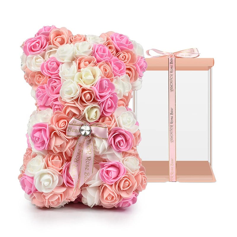 ASENVER Hand Made Artificial Flowers Rose Bear Pure Color for Valentine Birthday and Mothers Day with a 10 Pink Gift Box Multi ColorPinkbow