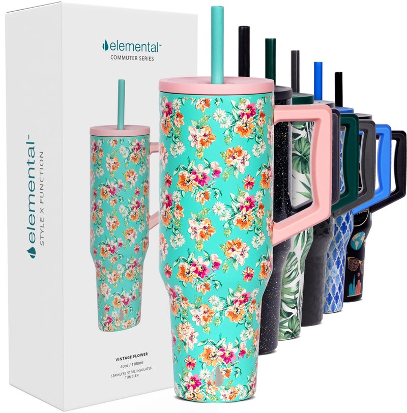 Elemental 40 oz Tumbler with Handle and Straw Spill Proof Insulated Stainless Steel Commuter for Hot and Cold Beverages Travel Coffee Mug with 2 Straws Spill Proof Lid 40oz Vintage Flower
