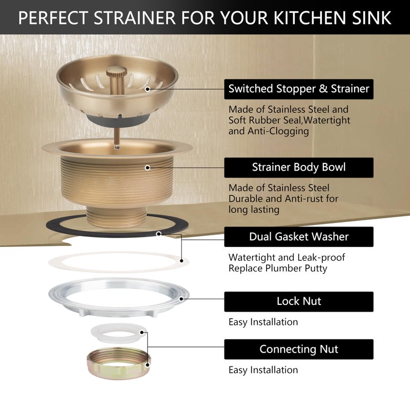 Garmaing Champagne Bronze Kitchen Sink Drain - Fit 3.5 inch Standard Sink - Fit 1.5 inch Pipe - Champagne Gold Brushed 304 Stainless Steel Sink Strainer - Compatible with Delta Faucet Champagne Bronze - Image 5