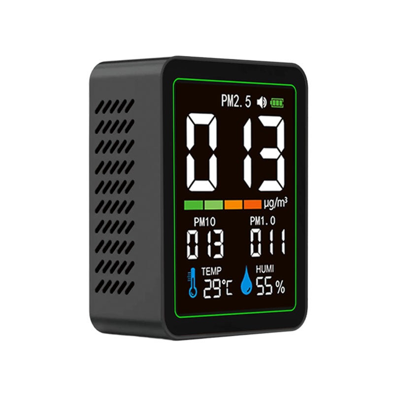 Indoor Particle Monitor: 5-In-1 Black Compact Portable Device With Laser Sensor - High Responsive Real-Time PM1.0 PM2.5 PM10 Temperature Humidity Display USB-C Rechargeable 2000mAh Battery For Home Of - Image 1