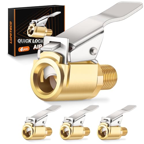 LUMITECO 4Pack Air Chuck Quick Connect Brass Tire Air Chuck with Clip Adapter Compatible with Schrader Valve No Leakage Tire Inflator Nozzle Adapter Unscrewed Connection Converted to Locking Connection - Image 1