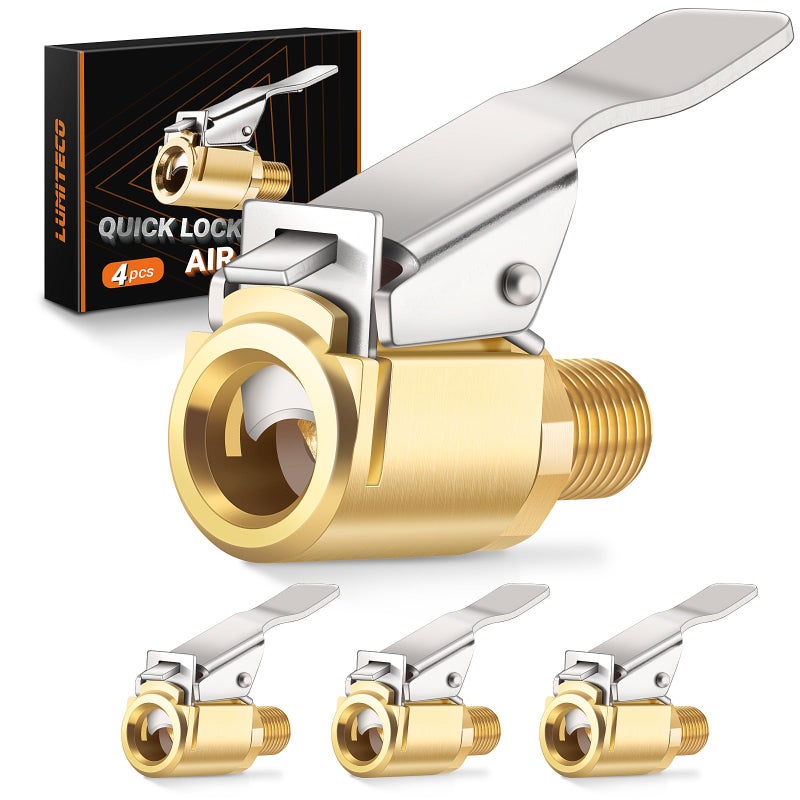 LUMITECO 4Pack Air Chuck Quick Connect Brass Tire Air Chuck with Clip Adapter Compatible with Schrader Valve No Leakage Tire Inflator Nozzle Adapter Unscrewed Connection Converted to Locking Connection - Image 3