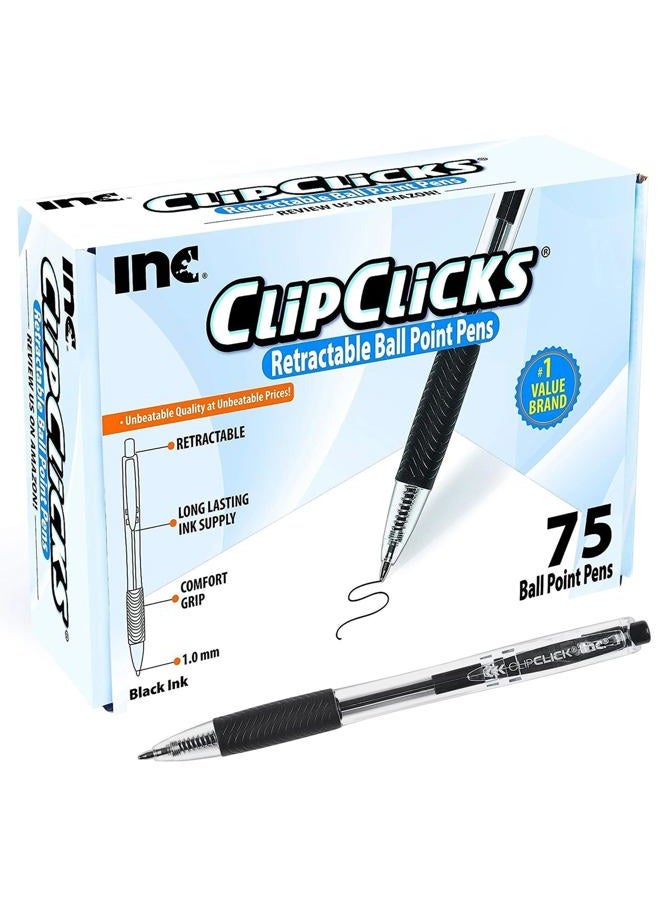 I-N-C Inc, Clip Clicks 75 Count Retractable Black Ballpoint Pens Medium Point 1.0 mm with Comfort Grip for Smooth Writing, Long Lasting Ink for for Everyday Use in School, Office, College, University… - Image 1