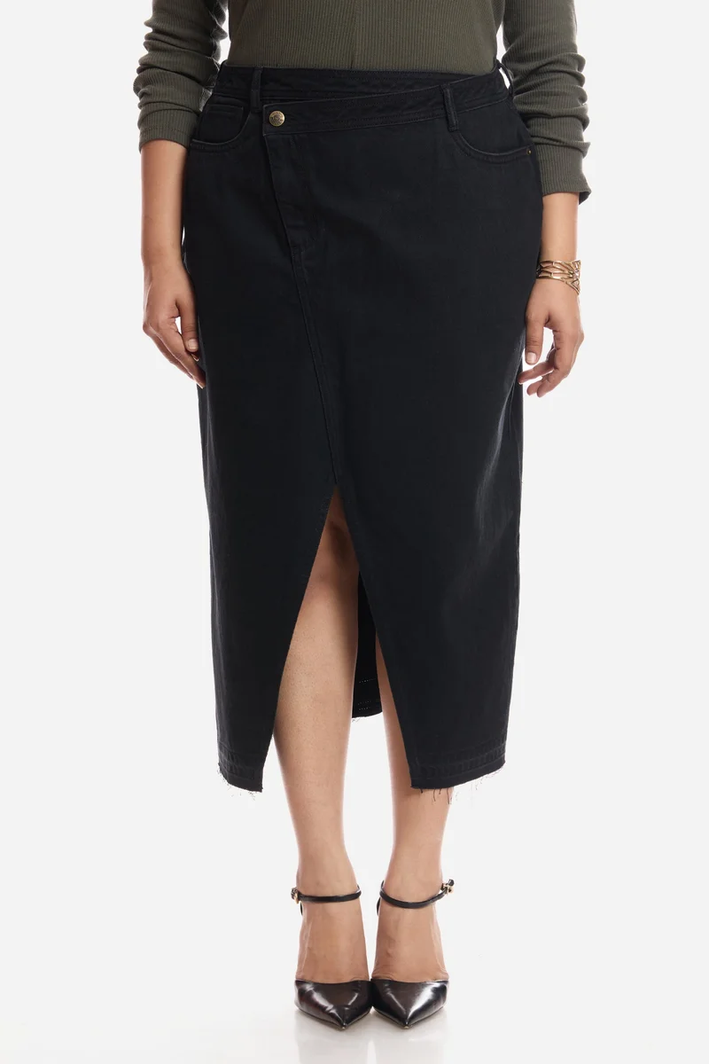 Virgio Solid Cotton Asymmetrical Midi Plus Size Skirt for Women