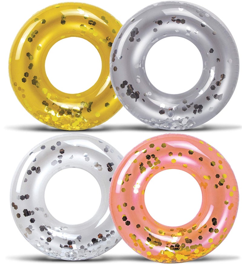 POZA 4Pack Kids Inflatable Pool Floats Sparkly ConfettiFilled Glitter Pool Float Rings Cute Pool Floats in Pearl Silver Rose Gold and Gold Floating Tube Swim Rings for Pool Beach Lake 23 Inch - Image 2