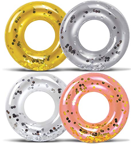 POZA 4Pack Kids Inflatable Pool Floats Sparkly ConfettiFilled Glitter Pool Float Rings Cute Pool Floats in Pearl Silver Rose Gold and Gold Floating Tube Swim Rings for Pool Beach Lake 23 Inch - Image 1