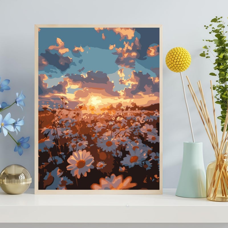 CHWGLFGG Paint by Numbers Kit for Adults Beginner, Daisy Sunset Landscape Adult Paint by Number Kits on Canvas, DIY Acrylic Oil Easy Painting by Numbers for Home Wall Decor 12X16 inch (Without Frame) - Image 2