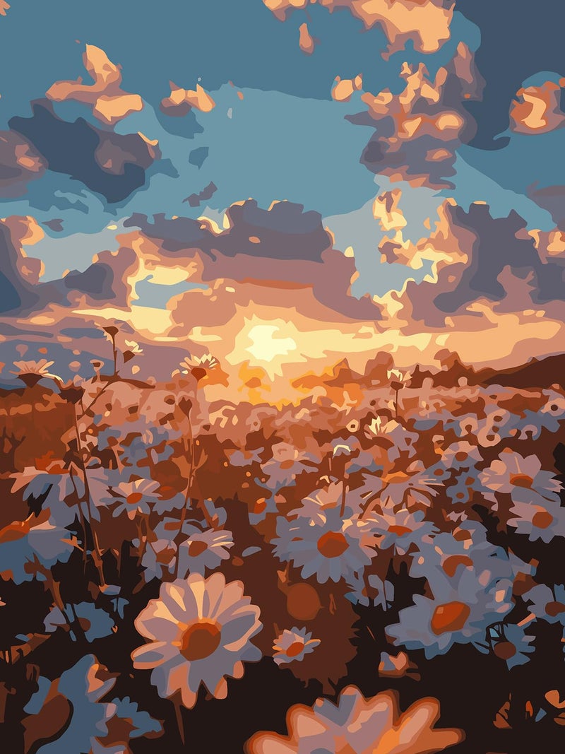 CHWGLFGG Paint by Numbers Kit for Adults Beginner, Daisy Sunset Landscape Adult Paint by Number Kits on Canvas, DIY Acrylic Oil Easy Painting by Numbers for Home Wall Decor 12X16 inch (Without Frame) - Image 1