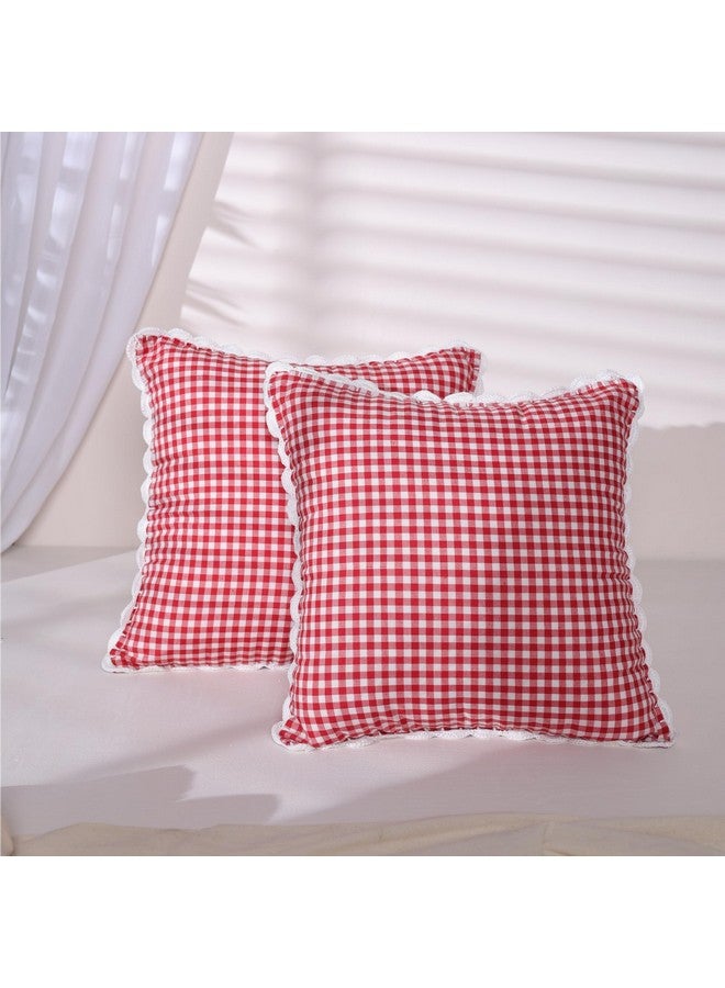 Sleepy Threads Cushion Cover Red & White | Pack of 2 | 16x16 inch/40x40cm | Checkered Square Throw with Handcrafted Crochet Border for Living Room, Bedroom, Deewan, Couch, Hidden Zipper - Image 2