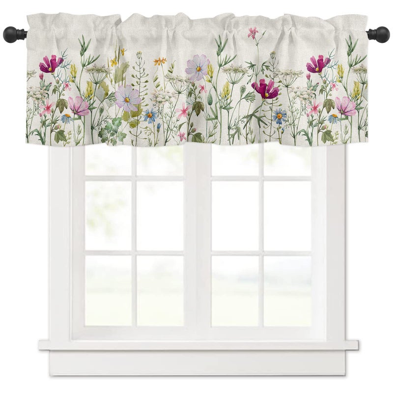 YOKOU YOKOU Curtain Valance  Flower Spring Wildflowers Vintage Farm Watercolor Floral Leaf Plant Short Rod Pocket Window Treatment for Living Room  Bedroom  Kitchen  Bathroom  1 Panel  42"" X 12""  - Image 1