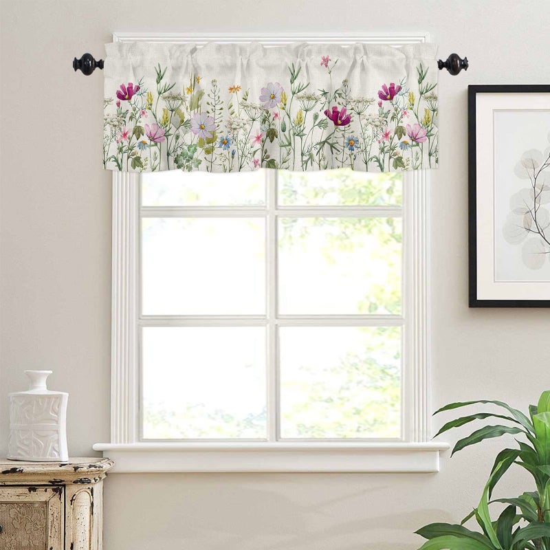 YOKOU YOKOU Curtain Valance  Flower Spring Wildflowers Vintage Farm Watercolor Floral Leaf Plant Short Rod Pocket Window Treatment for Living Room  Bedroom  Kitchen  Bathroom  1 Panel  42"" X 12""  - Image 3
