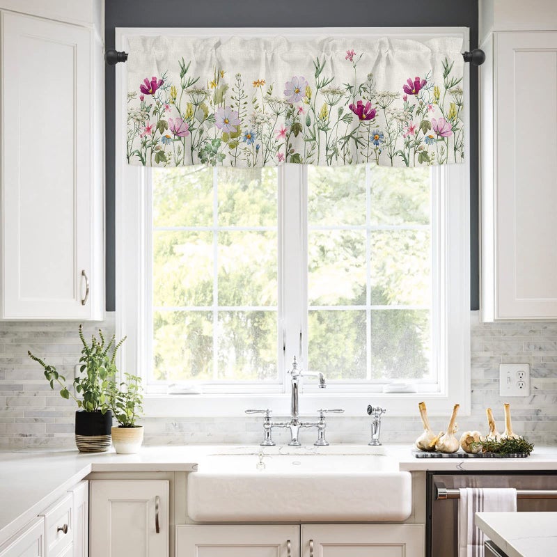 YOKOU YOKOU Curtain Valance  Flower Spring Wildflowers Vintage Farm Watercolor Floral Leaf Plant Short Rod Pocket Window Treatment for Living Room  Bedroom  Kitchen  Bathroom  1 Panel  42"" X 12""  - Image 2