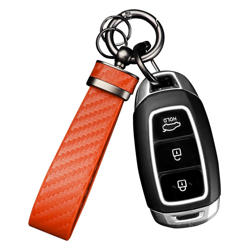 Turcee Carbon Fiber Car KeychainAutomotive Interior Accessories Keychains Leather Car Key FobCar Accessories Key RingAntiLost DRingOrange