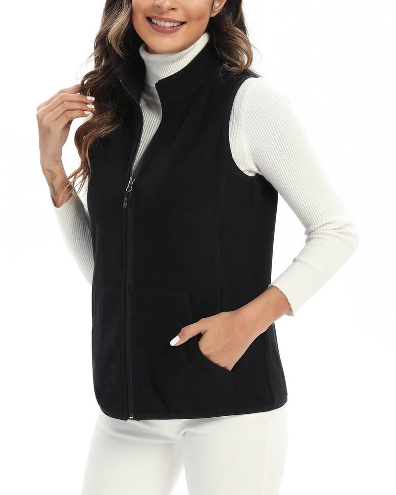 Xeoxarel Black Vest for Women, Soft Polar Fleece Vest Lightweight Sleeveless Classic Fit Outerwear with Zip Up 6 Pockets Casual L - Image 3