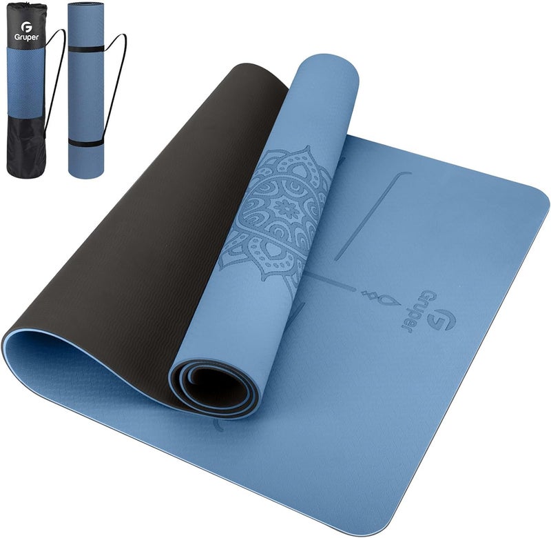 Gruper Yoga Mat Non Slip TPE Thick Yoga Mat with Alignment Mark, Large Size 72"L x 32"W x 0.32"Th or 0.24"Th, Anti-Tear Exercise & Fitness Mat for Yoga, Pilates & Floor Workouts (Blue Black, Thickness-6mm) - Image 1