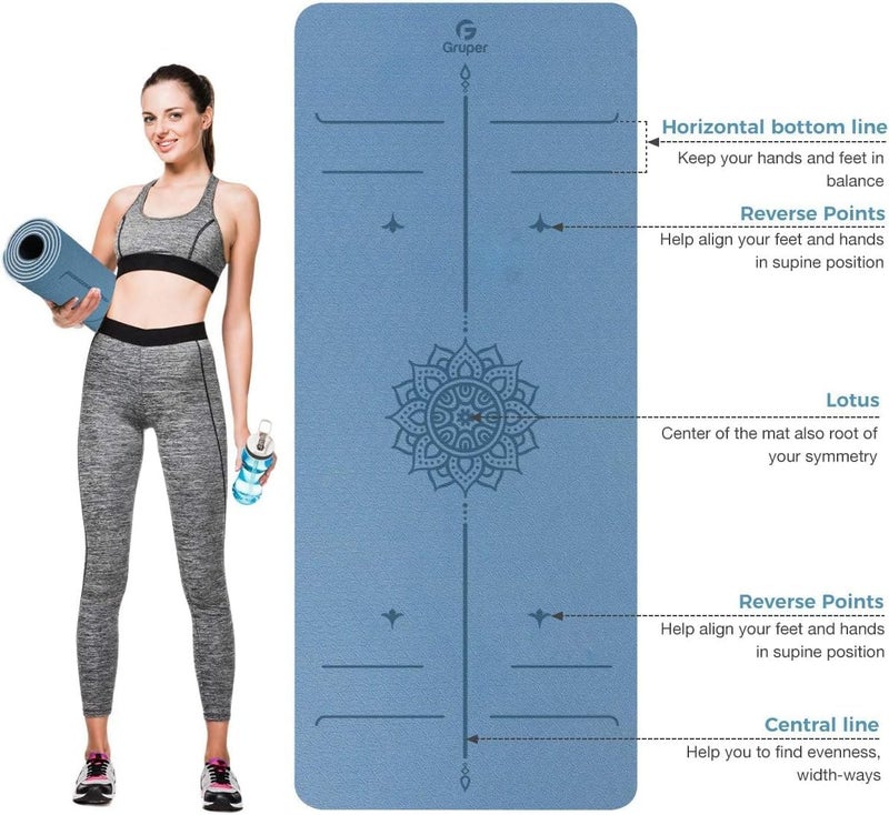 Gruper Yoga Mat Non Slip TPE Thick Yoga Mat with Alignment Mark, Large Size 72"L x 32"W x 0.32"Th or 0.24"Th, Anti-Tear Exercise & Fitness Mat for Yoga, Pilates & Floor Workouts (Blue Black, Thickness-6mm) - Image 2