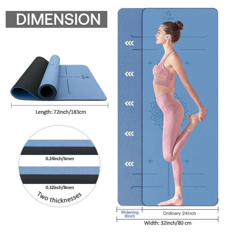Gruper Yoga Mat Non Slip TPE Thick Yoga Mat with Alignment Mark, Large Size 72"L x 32"W x 0.32"Th or 0.24"Th, Anti-Tear Exercise & Fitness Mat for Yoga, Pilates & Floor Workouts (Blue Black, Thickness-6mm) - Image 3