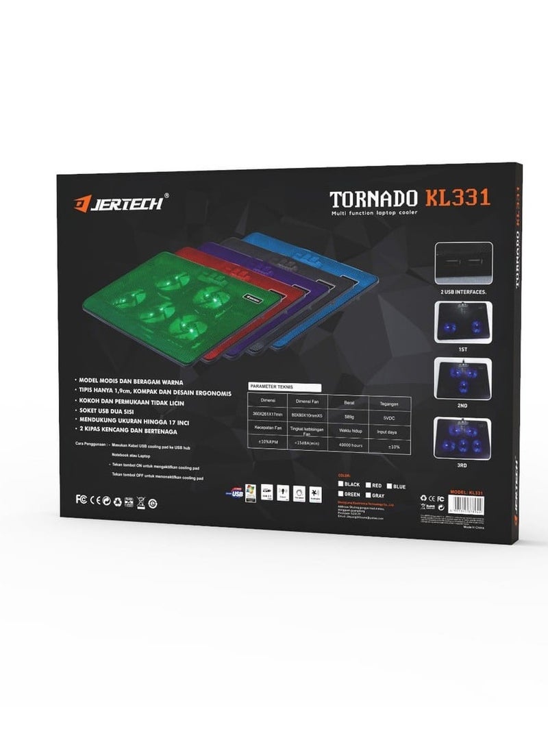 JERTECH Thin Multi Function Laptop Cooler With Blue Light And 5 Fan Leaf - Black KL331  - Image 5