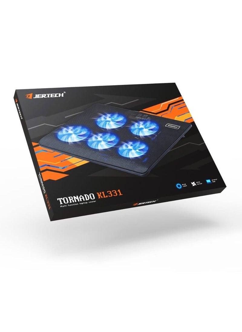 JERTECH Thin Multi Function Laptop Cooler With Blue Light And 5 Fan Leaf - Black KL331  - Image 2