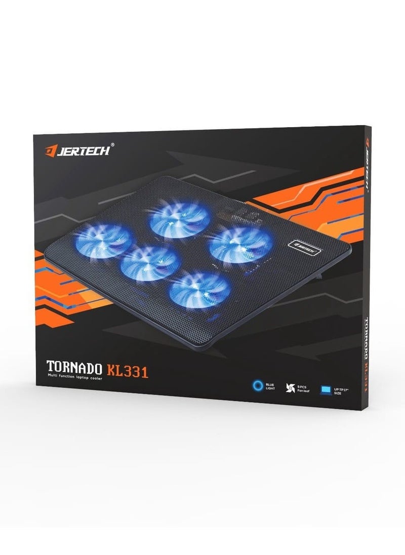 JERTECH Thin Multi Function Laptop Cooler With Blue Light And 5 Fan Leaf - Black KL331  - Image 4