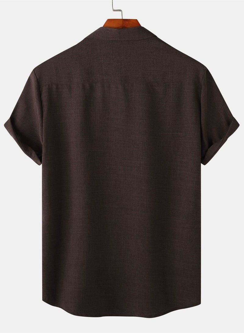 Summer new men's solid color short-sleeved casual shirt slim shirt  - Image 2