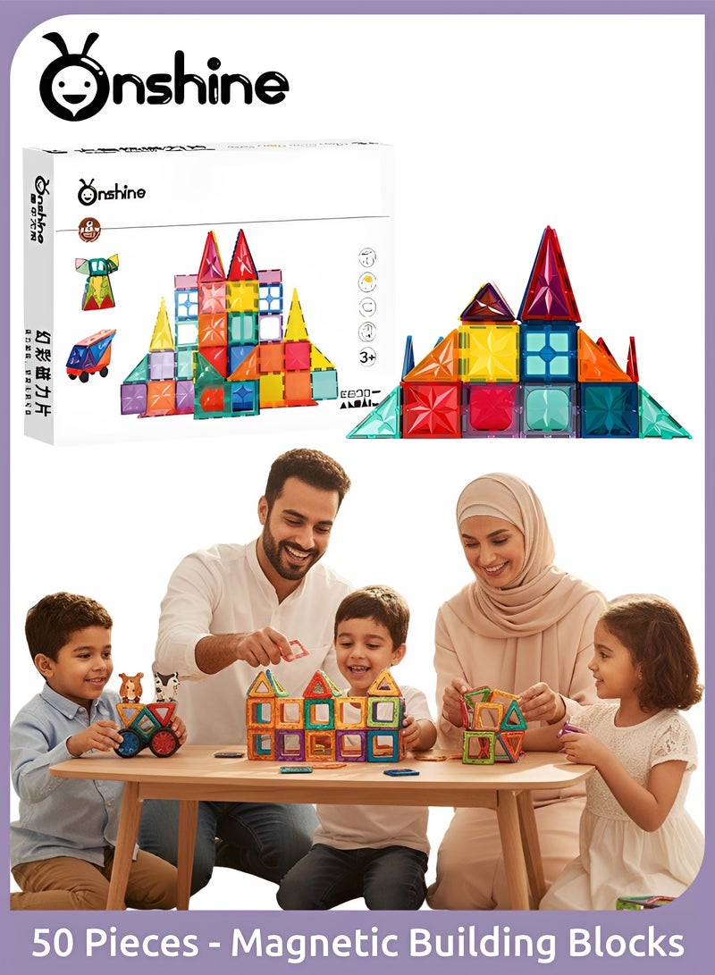 Onshine 50 Pieces Magnetic Blocks, Magnetic Building Blocks, Magnetic Tiles Building Blocks Set, Clear Colorful 3D Magnet Construction Toys, Construction Magnetic Blocks Building Toy Set for Kids Boys Girls Age 3 Plus Home Classroom Gift - Image 1