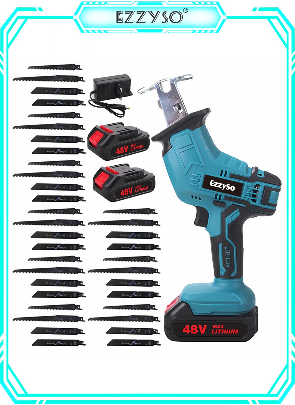 EzzySo Reciprocating Saw,48V Power Tool Cordless Reciprocating Saw Combo Set,0-3500r/min,with 2 Batteries and a Charger,36 Saw Blades,for Cutting Wood/Metal/PVC Pipes,Tools 