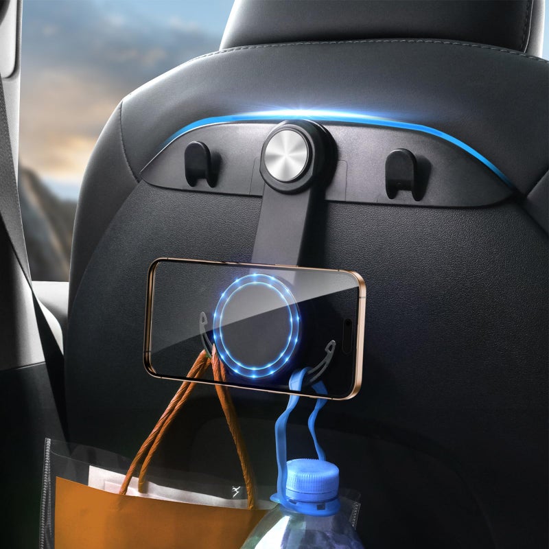 DICMKY 1 Pack Car Seat Hooks & Magnetic Phone Holder for Tesla Model Y(Juniper) Model 3(Highland) Accessories 2025 2024 2023 2022 2021, Car Seat Back Storage Purse/Bag/Hat Hook for iPhone - Image 1