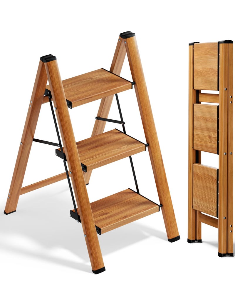 SOLADDER 3 Step Ladder, Folding Aluminum 3 Step Stool with Anti-Slip Wide Sturdy Pedal, Multi-Use for Home and Kitchen Use, Space Saving-Woodgrain(300 lbs Capacity) - Image 1