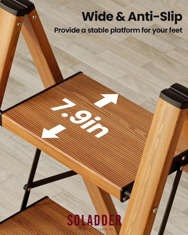 SOLADDER 3 Step Ladder, Folding Aluminum 3 Step Stool with Anti-Slip Wide Sturdy Pedal, Multi-Use for Home and Kitchen Use, Space Saving-Woodgrain(300 lbs Capacity) - Image 3