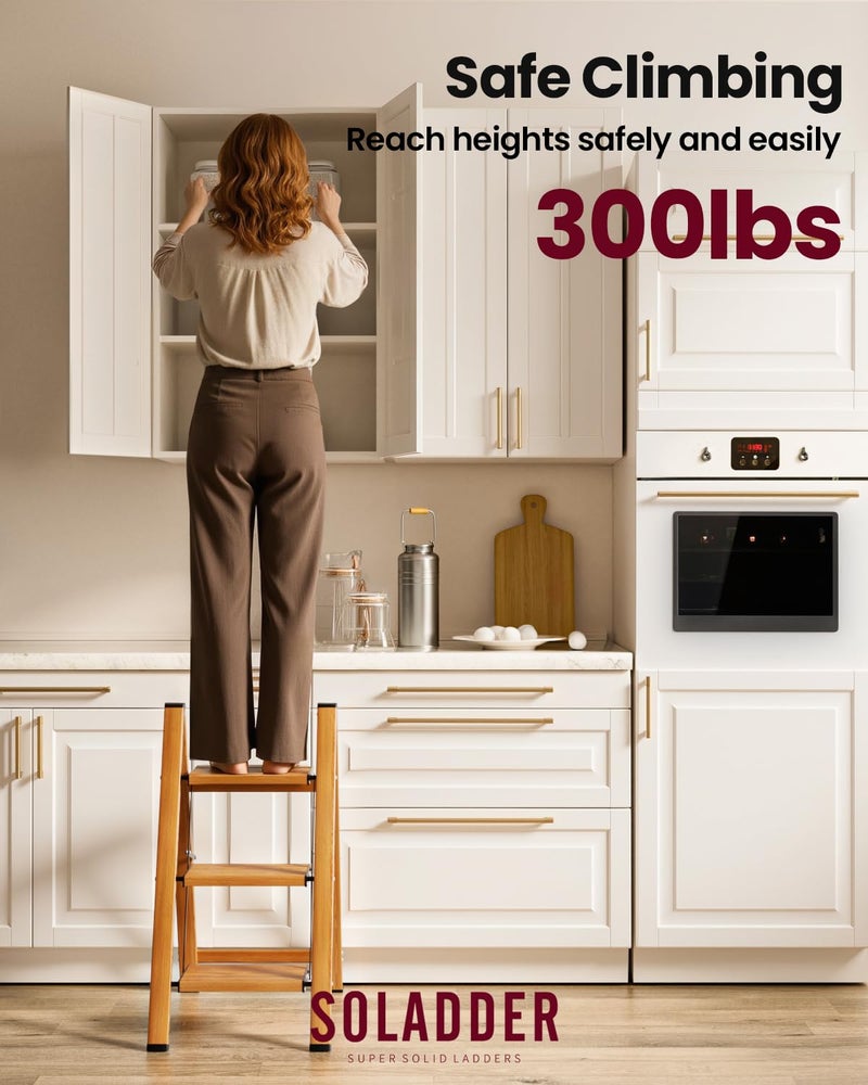 SOLADDER 3 Step Ladder, Folding Aluminum 3 Step Stool with Anti-Slip Wide Sturdy Pedal, Multi-Use for Home and Kitchen Use, Space Saving-Woodgrain(300 lbs Capacity) - Image 2